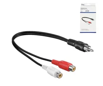 DINIC audio-video cinchkabel, 1x stekker naar 2x stopcontact, zwart, DINIC doos met Euro gat, lengte 0,20m